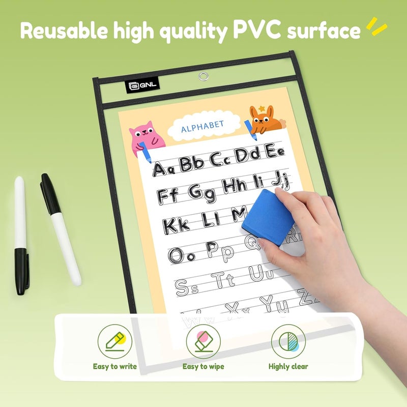 Gnl Dry Erase Pocket Sleeves 30 Packs, Reusable Clear Plastic Ticket Holders with Rings, Durable & Easy-to-Erase Sheet Protectors, Black 10x14 Inch for Classroom & School Teacher Supplies - Image 5